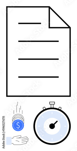 Document stopwatch and hand catching falling coins. Ideal for time management, financial transactions, bill payments, bookkeeping, budgeting, invoicing, and business efficiency. Line metaphor
