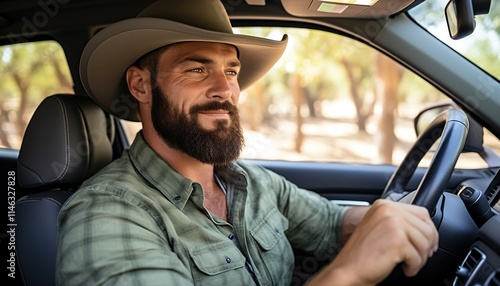 Adult man in cowboy hat driving car in olive grove, 