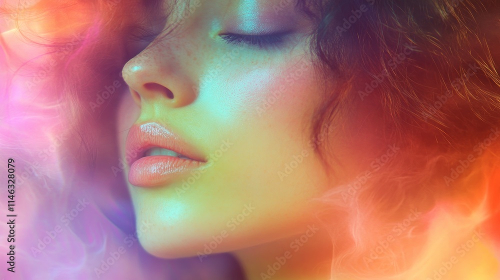 A close-up portrait of a woman with vibrant colors and soft lighting, evoking a dreamy atmosphere. A close-up portrait of a woman with vibrant colors and soft lighting, evoking a dreamy atmosphere.