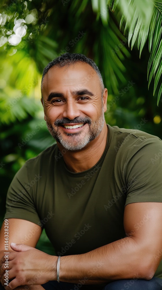 Smiling man posing in lush greenery outdoor portrait natural light joyful vibe Smiling man posing in lush greenery outdoor portrait natural light joyful vibe