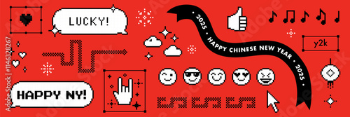 Chinese New Year vector icon set. Pixel art. 8 bit sticker pack. Snake, smile, speech bubble, music and cool badge element. Video game abstract elements. Y2k modern geometric shape for collage, poster