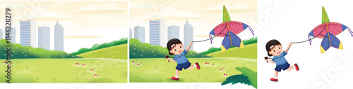 A cheerful cartoon illustration of kids playing on a grassy field under a sunny sky