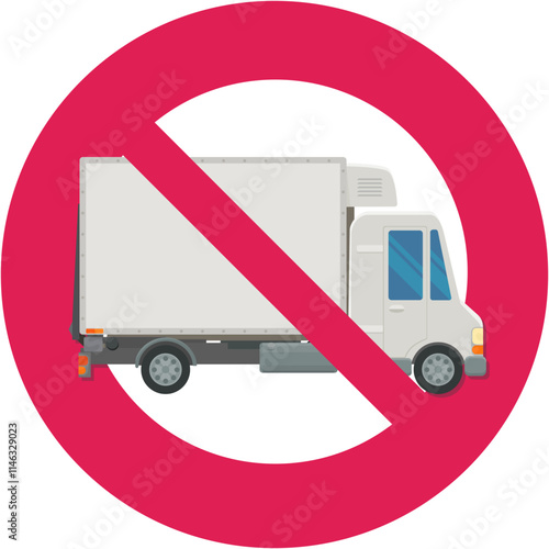 Refrigerated truck with a circular red strikethrough prohibition symbol in flat design style (cut out)