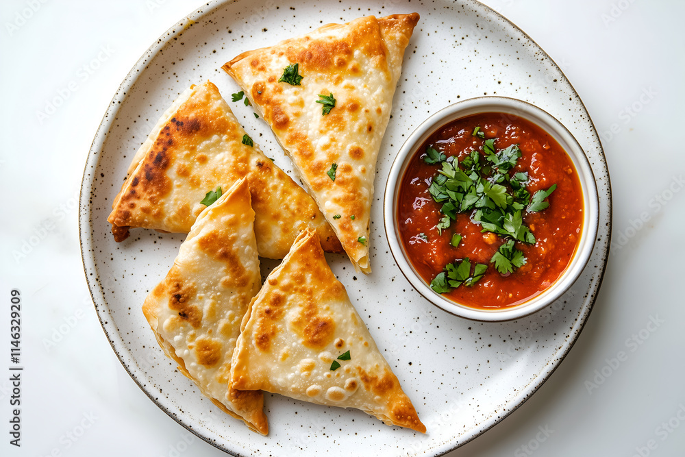 Crispy Fried Pastries and Vibrant Salsa - Minimalist Food Presentation Crispy Fried Pastries and Vibrant Salsa - Minimalist Food Presentation