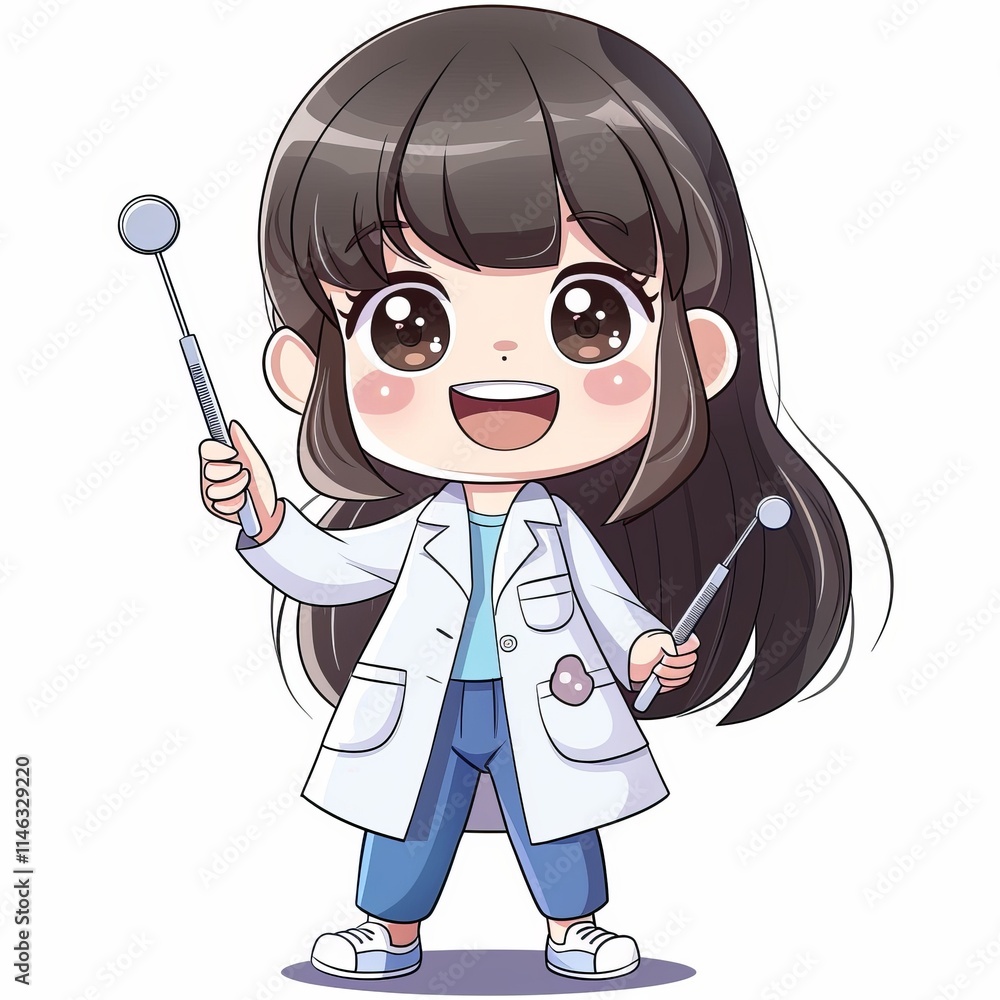 A cute cartoon dentist with a big smile holds a dental mirror and probe. A cute cartoon dentist with a big smile holds a dental mirror and probe.