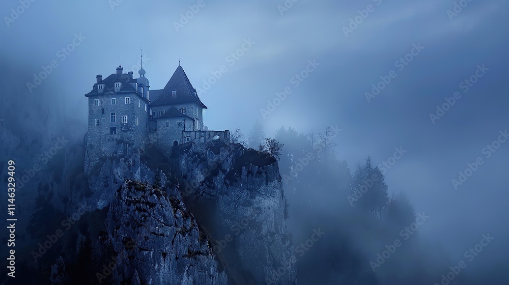 Naklejka premium Misty Castle on a Cliff