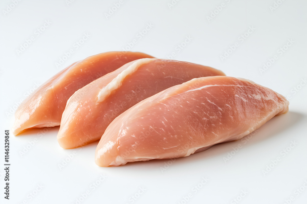 Three Fresh Raw Chicken Breast Fillets on White Background Three Fresh Raw Chicken Breast Fillets on White Background