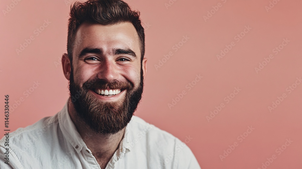Fototapeta premium Portrait of a smiling bearded man on pink background showing happiness and confidence