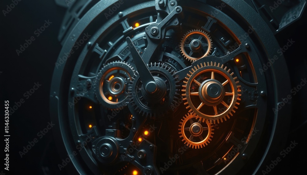 Fototapeta premium 4K HD Wallpapers Intricate Mechanical Clockwork With Glowing Gears Rotating In A Dark Environment. Desktop Wallpaper HD. HD Backgrounds