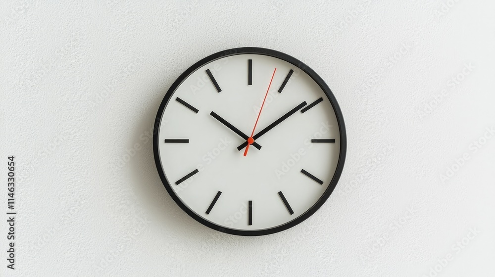Simple black clock on white wall showing time. Simple black clock on white wall showing time.