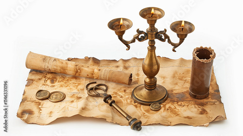 Ornate Brass Candelabra with Candle Snuffer and Wick on white background.PNG photo