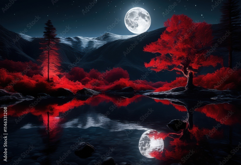 Fototapeta premium enchanting terrains illuminated stunning red moonlight creating magical nighttime landscape, nightscape, sky, scenery, twilight, illumination, darkness