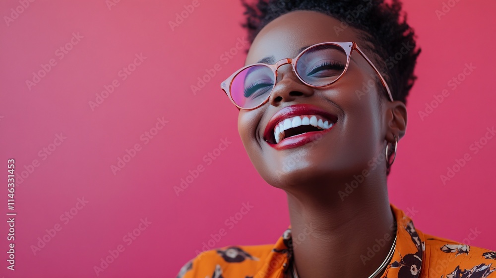 Young black woman wearing glasses is laughing with pink background Young black woman wearing glasses is laughing with pink background