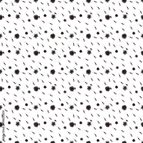 Watercolor black and white seamless pattern with plants and beetles