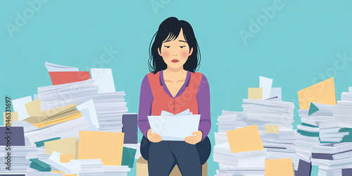 Overwhelmed woman surrounded by piles of paperwork photo