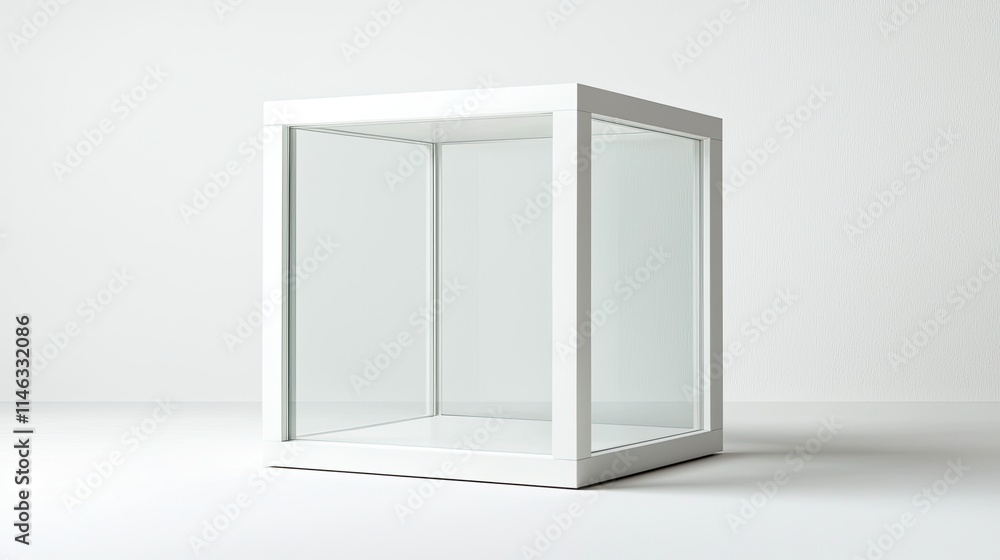 A minimalistic white display box with transparent glass sides, designed to showcase items effectively. A minimalistic white display box with transparent glass sides, designed to showcase items effectively.