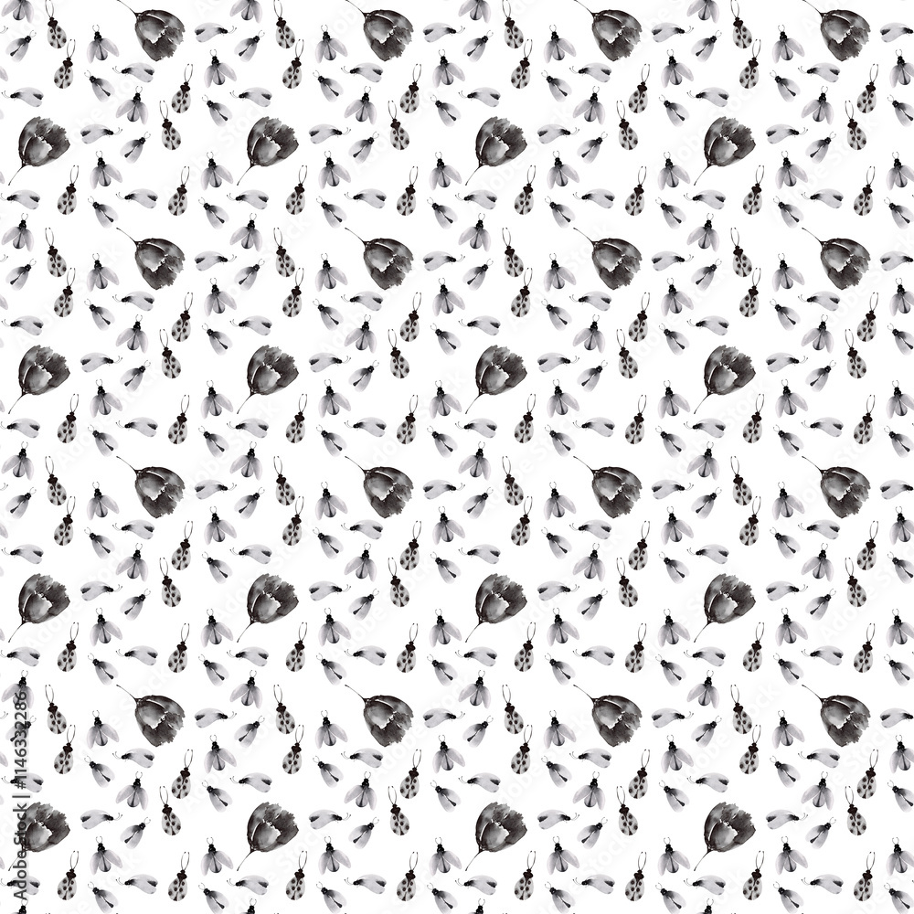 Watercolor black and white seamless pattern with plants and beetles Watercolor black and white seamless pattern with plants and beetles
