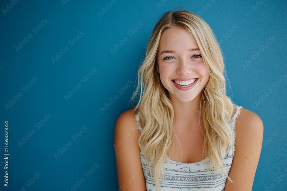 Smiling young woman poses against blue backdrop Smiling young woman poses against blue backdrop
