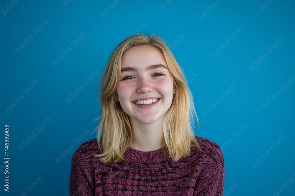 Young woman smiles brightly against blue backdrop Young woman smiles brightly against blue backdrop