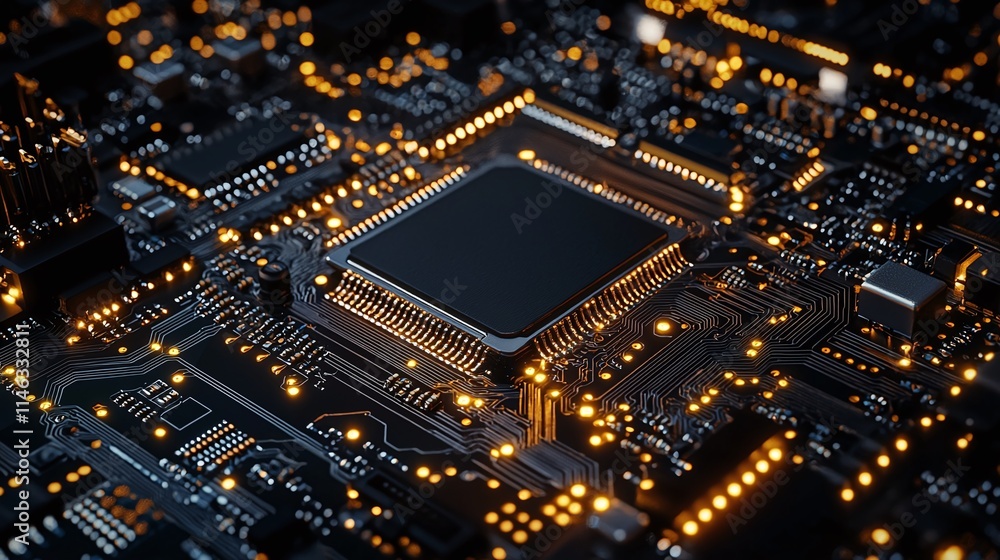 Close-Up View of Electronic Circuit Board with Bright Lights Close-Up View of Electronic Circuit Board with Bright Lights