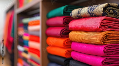 Business shop boutique concept. A vibrant display of neatly stacked fabrics in various colors, showcasing textiles in a store setting.