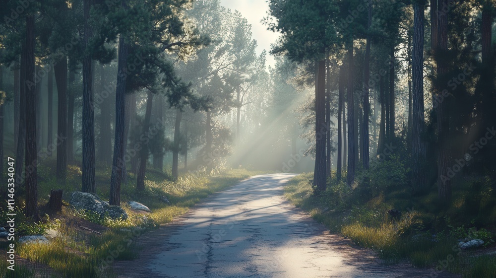 Obraz premium A peaceful road cuts through thick pines, sunlight filtering through branches, casting patches of light on the winding forest path