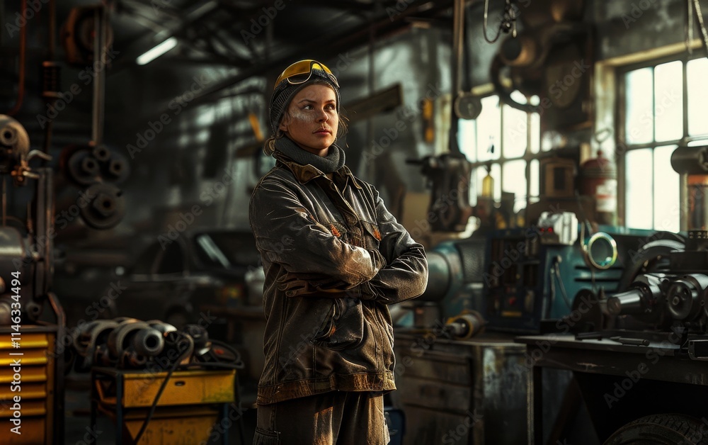 A confident female mechanic stands in her workshop, arms crossed, looking determined. A confident female mechanic stands in her workshop, arms crossed, looking determined.