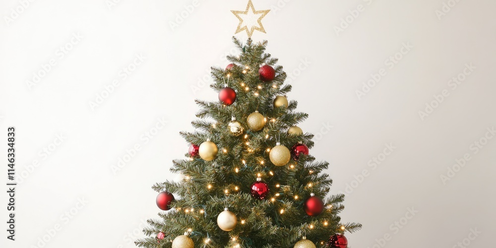 A decorated Christmas tree with gold and red ornaments and a star on top. A decorated Christmas tree with gold and red ornaments and a star on top.