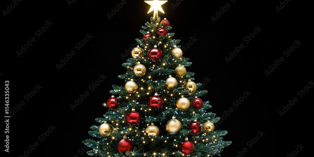 A decorated Christmas tree with ornaments and lights against a dark background. A decorated Christmas tree with ornaments and lights against a dark background.