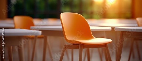 orange chairs and table, blur background