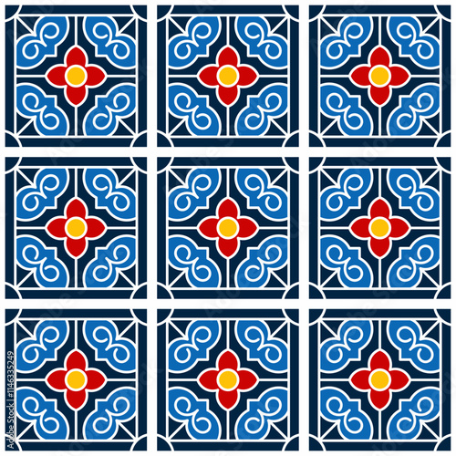 Beautiful seamless geometric pattern featuring a symmetrical floral design with simple straight and curved lines. Suitable for backgrounds, wallpapers, textiles and various artistic projects.