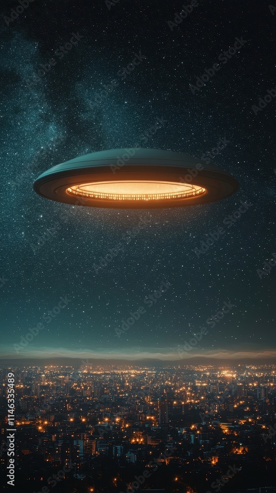 Mysterious UFO Over Cityscape Under Starry Night Sky Mysterious UFO Over Cityscape Under Starry Night Sky