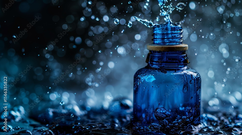 Blue glass bottle with water splash in motion Blue glass bottle with water splash in motion