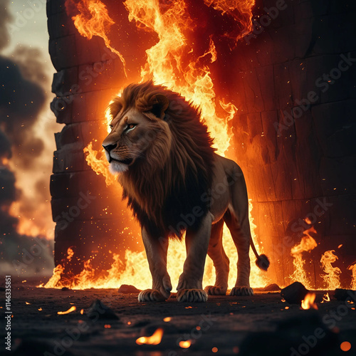 lion with fire illustration design in a beautiful background photo