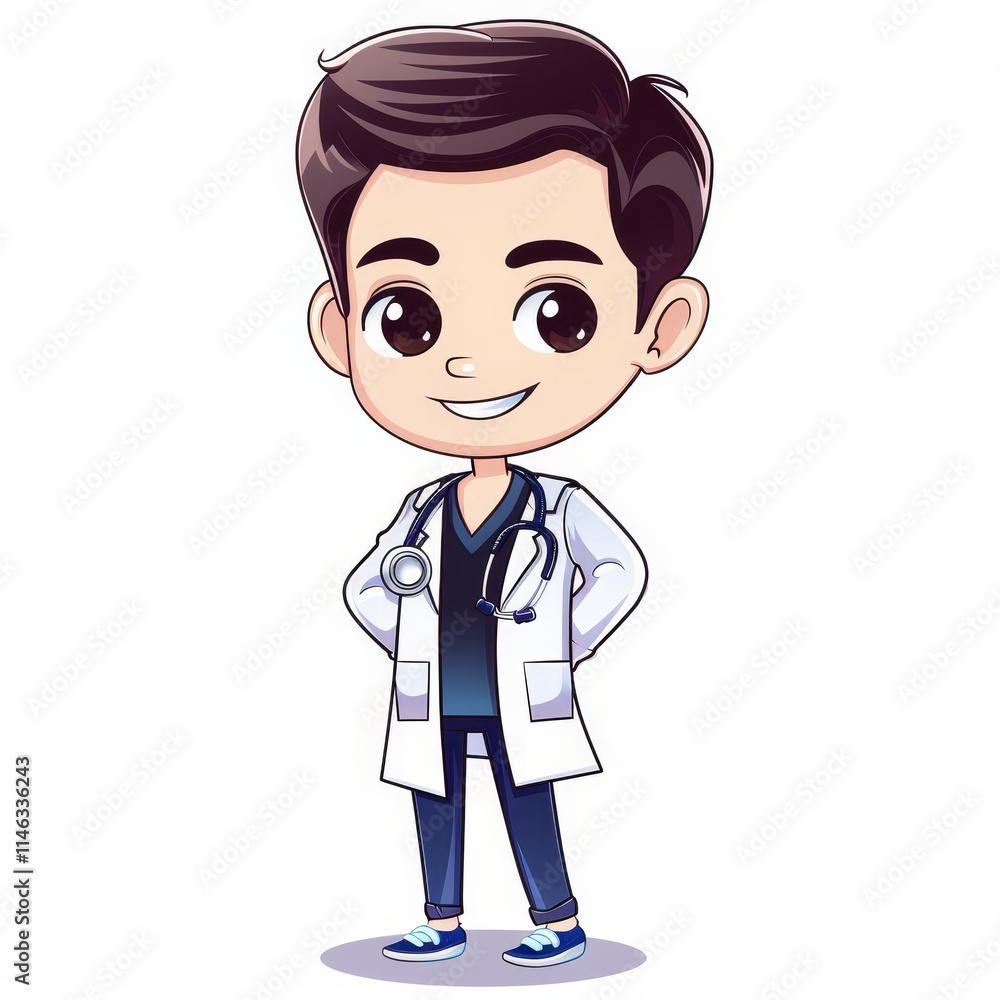 Cartoon illustration of a young doctor in a white coat with a stethoscope. Cartoon illustration of a young doctor in a white coat with a stethoscope.