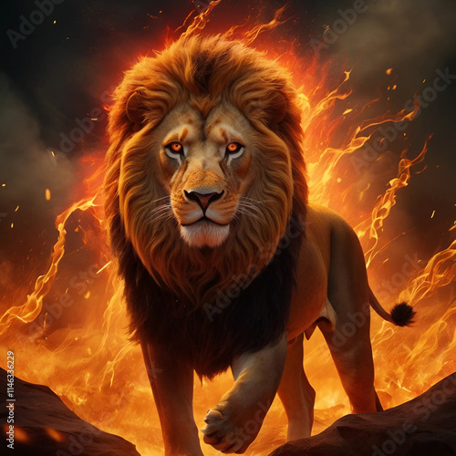 lion with fire illustration design in a beautiful background photo