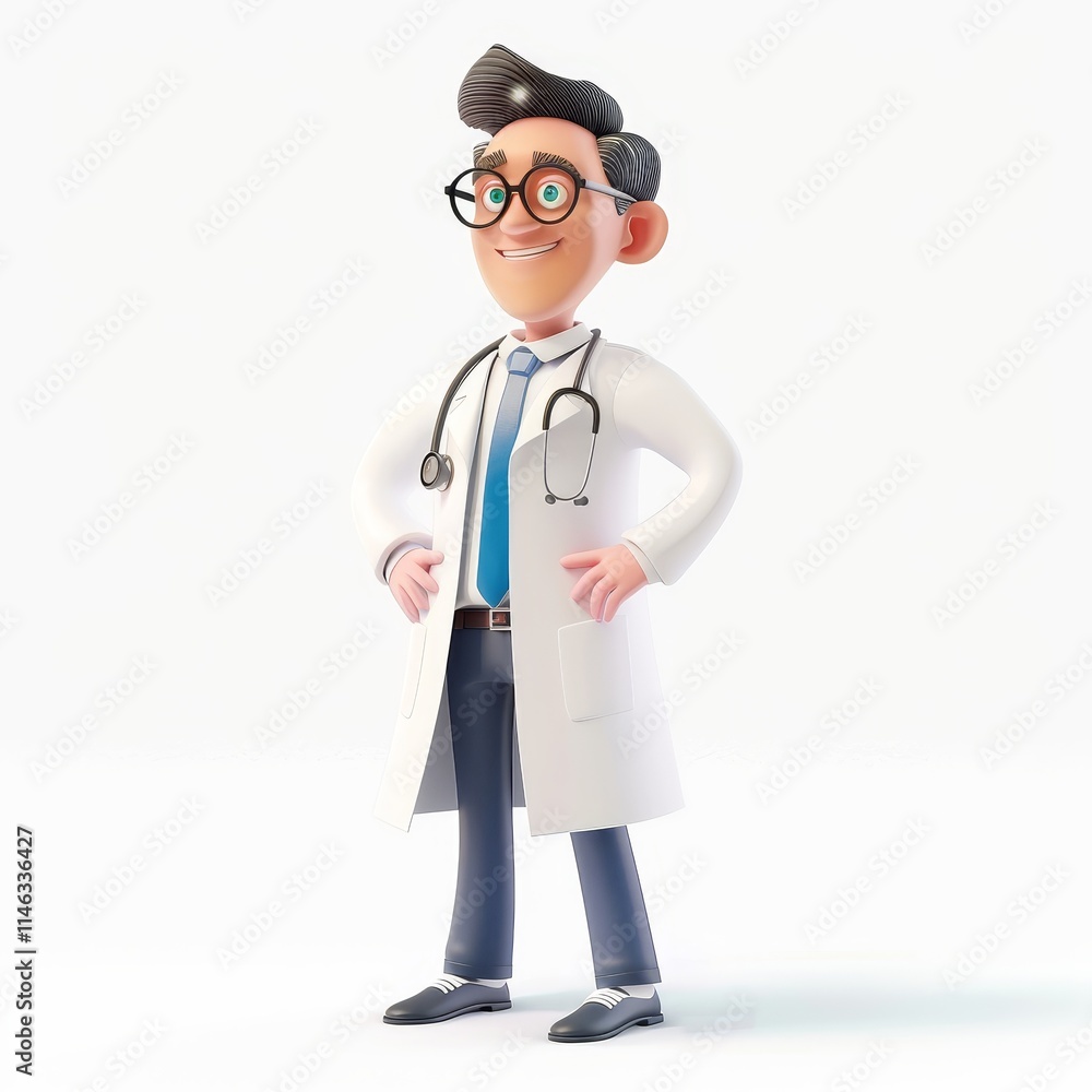 A friendly cartoon doctor with a stethoscope around his neck, standing with hands on his hips and smiling, isolated on white. A friendly cartoon doctor with a stethoscope around his neck, standing with hands on his hips and smiling, isolated on white.