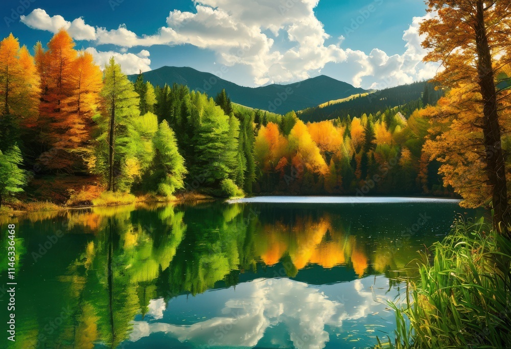 Naklejka premium vibrant folige transitions creating serene colorful landscapes lush clear skies, aerial, autumn, branch, bloom, bright, colors, colorscape, contrast