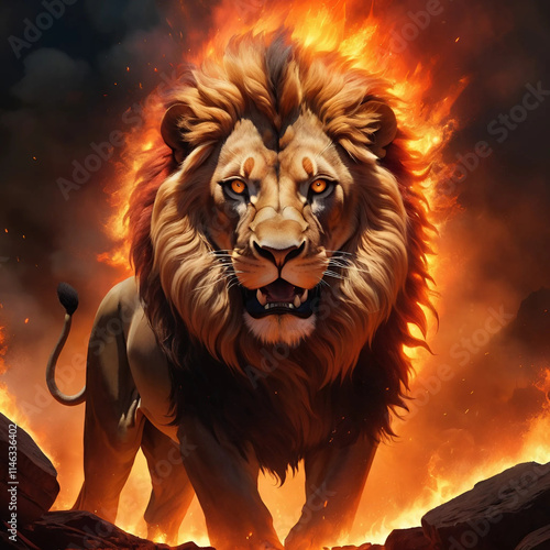 lion with fire illustration design in a beautiful background photo