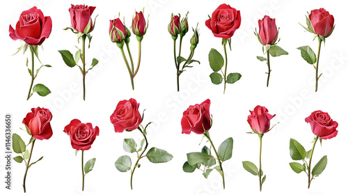 Set of red rose flowers in different camera angles isolated on white background, elements for design collage, variety of views , Beautiful vivid red roses on white background
