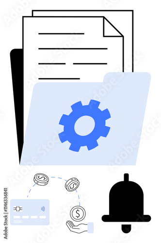 Folder with documents, blue gear symbol, credit card, hand with money, coins, and black notification bell. Ideal for business operations, finance, organization notifications technology setup