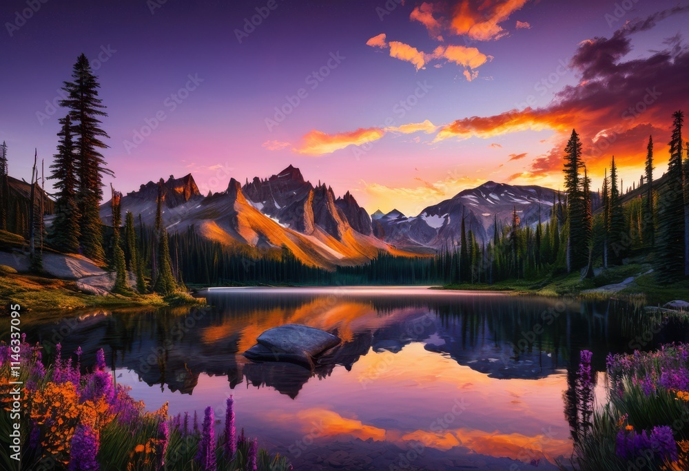 Fototapeta premium majestic mountain sunrise illuminating tranquil wilderness vibrant colors expansive scenic beauty, landscape, nature, scenery, sky, sunset, lake, trees