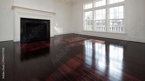 Wallpaper Mural Sunlit empty room with hardwood floor, fireplace, and large windows. Torontodigital.ca