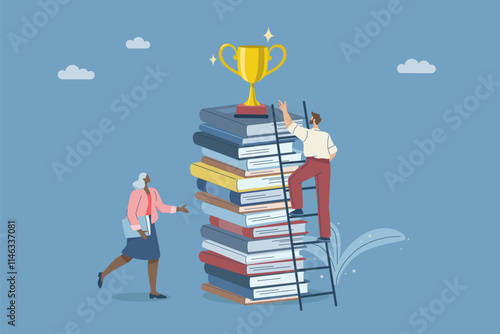 Knowledge is the ladder to success, Learning and education lead to great success, Concept of development to success, Businessman climbing stairs on a pile of books to reach a trophy. Vector design.
