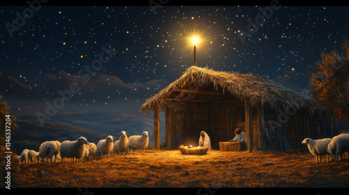 Wooden Stable at Dark Blue Starry Night, Jesus Christ Birth Concept Banner with Copy Space