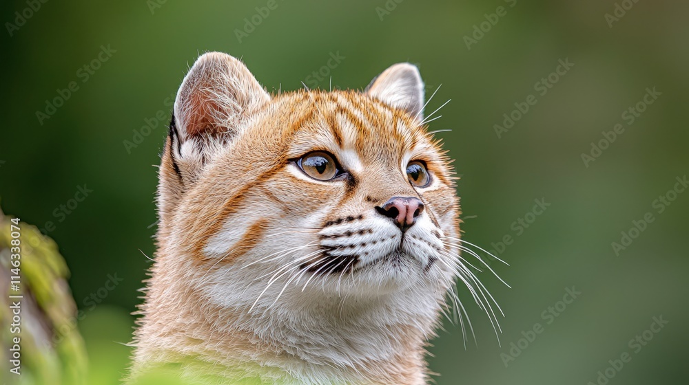 Fototapeta premium Close-up portrait of a bobcat looking to the right, set against a blurred green background.