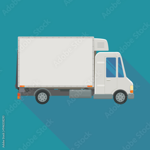 Refrigerated truck side view in flat design style on blue background with long shadow