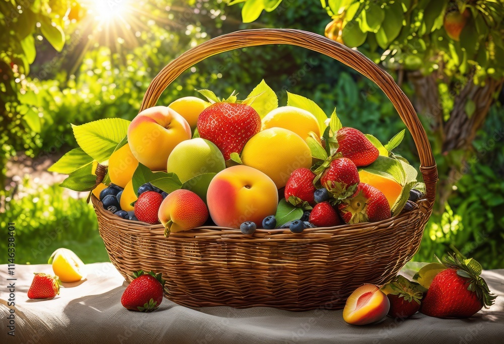 lush arrangement vibrant summer fruits displayed bright sunlit garden setting bursting color freshness, peach, watermelon, mango, strawberry, blueberry lush arrangement vibrant summer fruits displayed bright sunlit garden setting bursting color freshness, peach, watermelon, mango, strawberry, blueberry