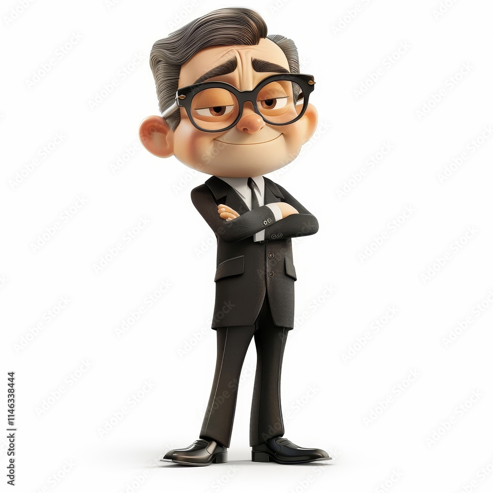 A cartoon man in a business suit with glasses stands with his arms crossed, looking serious. A cartoon man in a business suit with glasses stands with his arms crossed, looking serious.