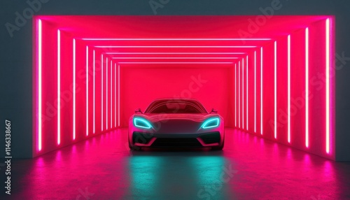 Futuristic Car in Neon Lighted Garage with Pink and Blue Lights